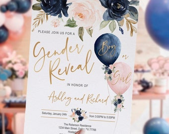 EDITABLE Floral gender reveal invitation Set, navy blush gold, balloon, blue pink, printable, boy or girl, DIGITAL, template, INSTANT