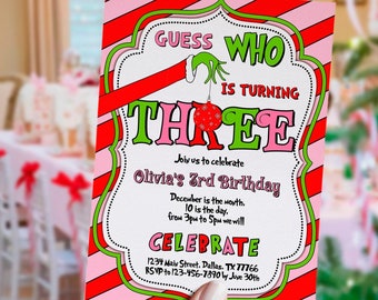 EDITABLE Christmas 3rd Birthday Invitation, Guess Who, red green birthday, cartoon, Christmas Party, Whoville, template, Digital, Instant