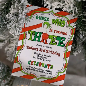 Invito per il 3° compleanno di Natale, Indovina chi, compleanno rosso verde, cartone animato, festa di Natale, Whoville, modificabile, modello, digitale, istantaneo