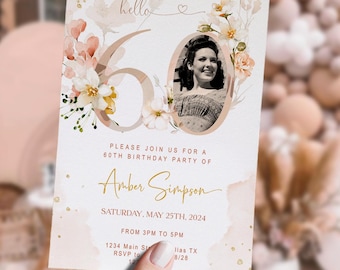 Invitación de cumpleaños número 60 con foto, color rosa ruborizado, invitación para damas, cena, dorado, flores silvestres, floral, digital, imprimible, editable