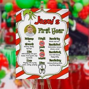 Affiche de Noël 1er anniversaire, panneau, Mean One, anniversaire rouge vert, dessin animé, fête de Noël, Whoville, modifiable, modèle, numérique