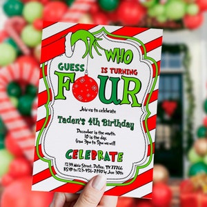 Invito per il 4° compleanno di Natale, Indovina chi, compleanno rosso verde, cartone animato, festa di Natale, Whoville, modificabile, modello, digitale, istantaneo