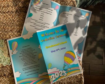 2025 GRADUATION CEREMONY Program, hot air balloon, adventure awaits, kinder, Any Grade, pre-k, 1st, 2nd, 3rd, 4th, 5th, Heading Not Editable
