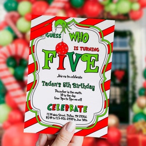 Invito per il 5° compleanno di Natale, Indovina chi, compleanno rosso verde, cartone animato, festa di Natale, Whoville, modificabile, modello, digitale, istantaneo