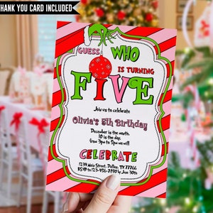 Invito per il 5° compleanno di Natale, Indovina chi, compleanno rosso verde, cartone animato, festa di Natale, Whoville, modificabile, modello, digitale, istantaneo