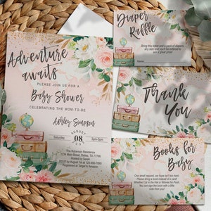 EDITIERBARE Weltkarte Babypartyeinladungsset, Reise, Abenteuer erwartet, Koffer, Globus, Mädchen, Blumen, printable, Vorlage, sofortig, WMG2