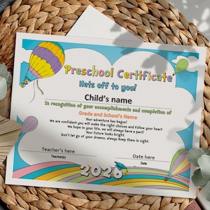Preschool Diploma, 2026 Certificate, rainbow, pastel colors, Preschool Certificate, Digital file, Graduation, Instant download