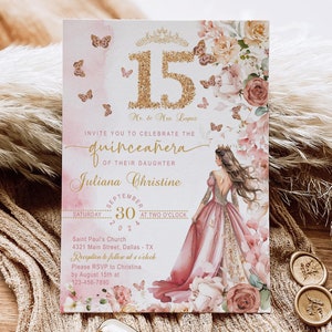 Editable Pink Gold Quinceanera Invitation, Miss Quince, Blush Pink Floral Roses, Princess, Crown, Butterfly, 15th Birthday, Digital, Instant