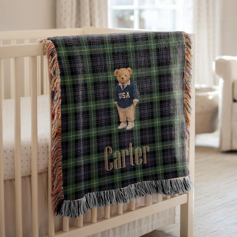Personalized Polo Teddy Bear Plaid Blanket, Tartan Polo Woven Throw with Bear Motif, Nursery Throw