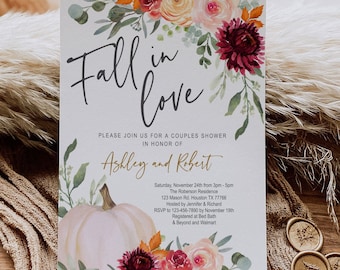 Fall in Love Bridal Shower Invitation, Couples Shower, floral, Engagement, Autumn, pumpkin, Burgundy, blush, wedding, DIGITAL, Editable, FL1