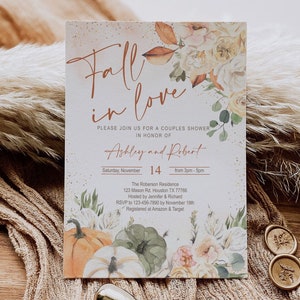 Fall in Love Bridal Shower Invitation, Couples Shower, floral, Engagement, Autumn, pumpkin, wedding, DIGITAL, Instant, Editable, Printable