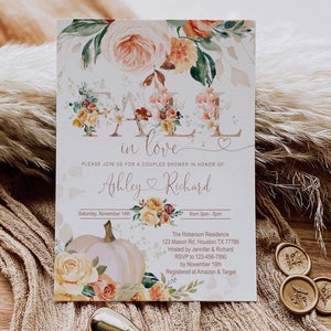 Invito per la festa nuziale "Fall in Love" MODIFICABILE, festa di coppia, floreale, fidanzamento, autunno, zucca, rosa, rosa, matrimonio, DIGITALE, ISTANTANEO
