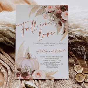 Fall in Love bruids douche uitnodiging, pampagras, boho, paren douche, bloemen, verloving, pompoen, bruiloft, bewerkbaar, digitaal, FL2