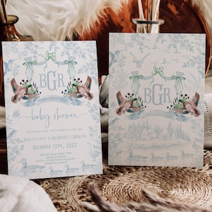 Mallard Duck Baby Shower Invitation & Back, Light Blue Toile Nature Theme, Woodland Gender Neutral Duckling, Printable Template, MDC1