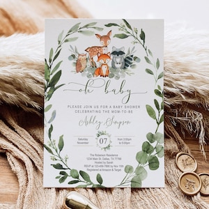 Woodland baby shower invitation Set, fall, autumn, neutral theme, DIGITAL, printable, greenery, foliage, template, oh baby, INSTANT,Editable