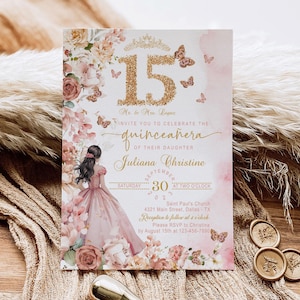 Invitación editable de quinceañera en oro rosa, Miss Quince, rosas florales en rosa ruborizado, mariposa, jardín encantado, 15.° cumpleaños, digital