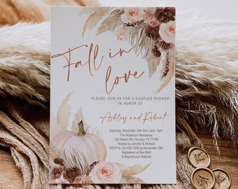 SELF EDITABLE Fall in Love Bridal Shower Invitation, Pampas Grass, Boho, Couples Shower, floral, Engagement, pumpkin, wedding, DIGITAL, FL2