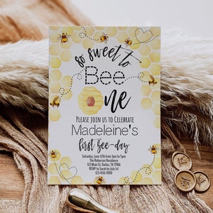 EDITABLE First Bee-day Bee Invitation, honey, sweet to bee one, honeycomb, 1st bee day, printable set, DIGITAL, template, Instant Download