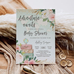 BEWERKBARE wereldkaart baby shower uitnodiging, reizen, avontuur wacht, koffer, wereldbol, meisje, bloemen, digitaal, afdrukbaar, sjabloon, instant
