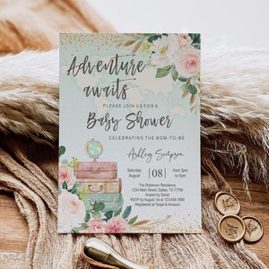 EDITABLE World map baby shower invitation, travel, adventure awaits, suitcase, globe, girl, floral, DIGITAL, printable, template, instant