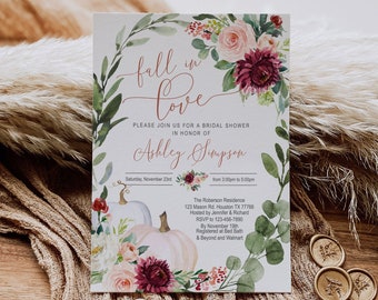 SELF EDITABLE Fall in Love Bridal Shower Invitation, Couples Shower, floral, Engagement, Autumn, pumpkin, wedding, digital, INSTANT, FL3