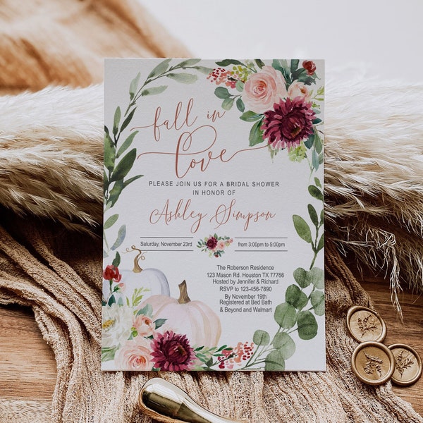 SELF EDITABLE Fall in Love Bridal Shower Invitation, Couples Shower, floral, Engagement, Autumn, pumpkin, wedding, digital, INSTANT, FL3