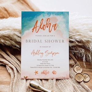 Invitación para despedida de soltera en la playa, tropical, costera, océano, boda, destino, atardecer, plantilla, imprimible, digital, RSVP