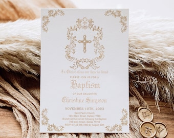 Baptism Invitation, Vintage, Classic, Crest Baptism Invitation, Tradition Baptism, Baby Dedication, First Communion, Floral, Neutral,Digital