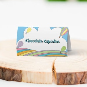 Carte de tente modifiable en montgolfière, arc-en-ciel, baby shower, marque-place, tente de restauration, Oh les lieux, couleurs pastel, imprimable, numérique, INSTANTANÉ