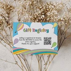 Cartão de registro de presentes, formatura, chá de bebê, aniversário, balão de ar quente, arco-íris, cores pastel, para impressão, arquivo digital, INSTANTÂNEO
