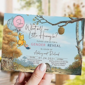 Klassische Winnie Puuh-Geschlechtsoffenbarungseinladung, Er oder Sie, Was wird unsere kleine Honigbiene, digital, ausdruckbar, Vorlage, Sofortiger Download
