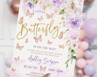 EDITABLE Butterfly Baby Shower Invitation girl, lavender floral, little butterfly, watercolor, purple, printable, DIGITAL, template,INSTANT