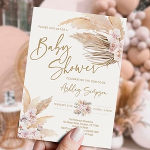 Convite EDITÁVEL para chá de bebê Pampas Grass, Boho, Deserto Tropical, Boho, Folhas Secas, Modelo, Para Impressão, DIGITAL, Download INSTANTÂNEO