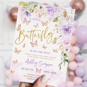 EDITABLE Butterfly Baby Shower Invitation girl, lavender floral, little butterfly, watercolor, purple, printable, DIGITAL, template,INSTANT