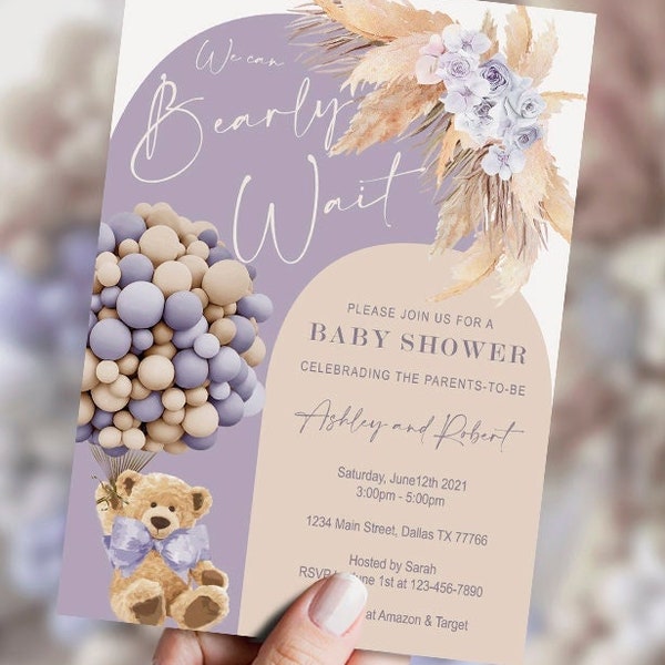 EDITABLE Teddy bear baby shower invitation, Welcome sign, lavender, beige, boho, arch, bear with balloons, girl, DIGITAL, printable