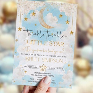 Invitación de baby shower Twinkle little star, conjunto, cielo, estrellas, azul bebé, agua, imprimible, DIGITAL, plantilla, signo de bienvenida, espacio, INSTANTÁNEO