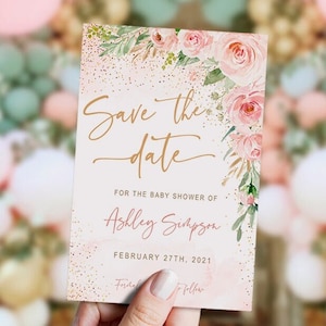 EDITIERBARE Blush Pink Save the Date Karte, Babypartymädchen, rosa Blumen, süßes Baby, Aquarell, printable, digital, Vorlage, INSTANT