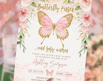 EDITABLE Butterfly Baby Shower Invitation fille, floral rose, petit papillon, aquarelle, imprimable, NUMÉRIQUE, modèle, Téléchargement INSTANTANÉ
