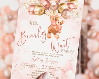 EDITABLE Teddy bear baby shower invitation, girl, Welcome sign, blush, gold, bear with balloons, set, DIGITAL, printable, template, INSTANT