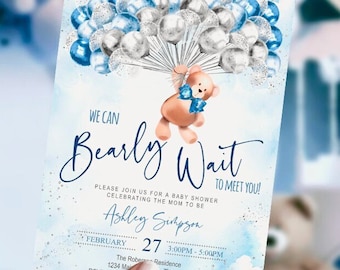 EDITABLE Teddy bear baby shower invitation, boy, Welcome sign, blue,silver, bear with balloons, winter, set, printable, template, DIGITAL