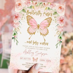 Menina de convite para chá de bebê borboleta, floral rosa, pequena borboleta, aquarela, imprimível, DIGITAL, modelo, caprichoso, Download INSTANTÂNEO