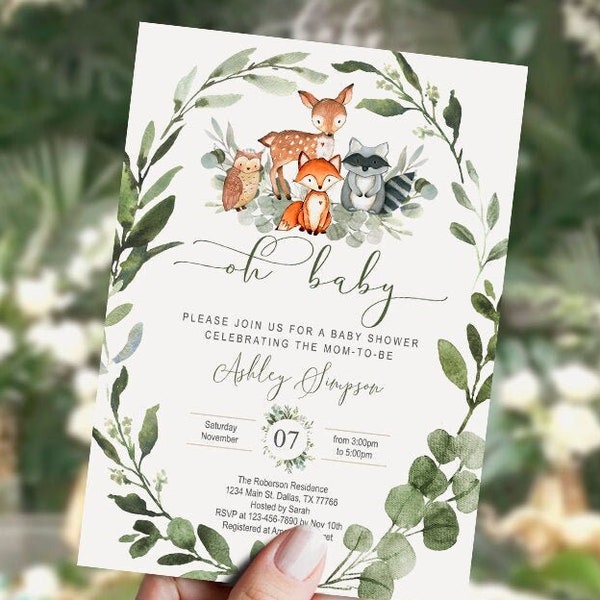 EDITABLE Woodland baby shower invitation Set, fall, autumn, neutral theme, DIGITAL, printable, greenery, foliage, template, oh baby, INSTANT