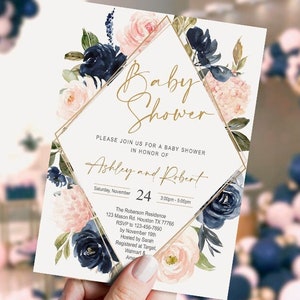 EDITABLE Invitación baby shower Blush Navy Floral, azul rosa, imprimible, plantilla, INSTANTE, Corjl, DIGITAL