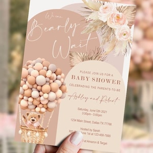 Conjunto de invitación editable para baby shower de osito de peluche, niña, bronceado, rubor, letrero de bienvenida, boho, arco, oso con globos, DIGITAL, imprimible, PTBBT