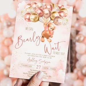 BEWERKBARE teddybeer uitnodiging babyshower, meisje, welkomstbord, blush, goud, beer met ballonnen, set, DIGITAAL, afdrukbaar, sjabloon, INSTANT