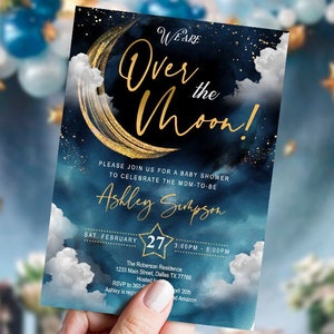 Over the moon baby shower invitation, set, sky, stars, printable, DIGITAL, template, navy, welcome sign, space, galaxy, INSTANT, OMBG