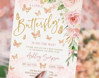 EDITABLE Butterfly Baby Shower Invitation girl, blush floral, little butterfly, watercolor, printable, DIGITAL, template, INSTANT Download