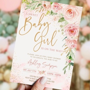 EDITABLE Blush Pink Baby Shower Invitation girl, pink floral, sweet baby girl, gold pink, printable, DIGITAL, template, Instant, FBG