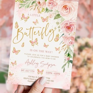 EDITIERBARE Schmetterling Baby Shower Einladung Mädchen, blush floral, kleiner Schmetterling, Aquarell, printable, DIGITAL, Vorlage, INSTANT Download