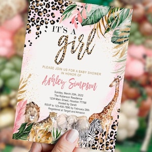 Fille d'Invitation de baby shower léopard, Safari, savane, jungle, éléphant, zèbre, girafe, lion, sauvage, numérique, modèle, INSTANTANÉ, LEO